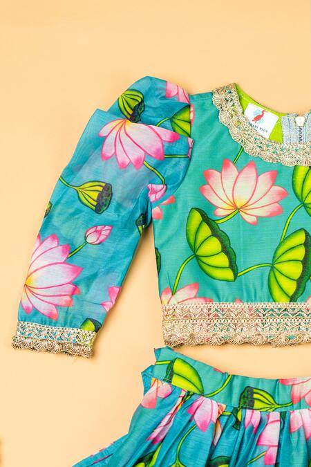 Buy_Yuvraani Jaipur_Green Chanderi, Net Embroidery, Tassels Lotus Print Lehenga Blouse Set _Online_at_Aza_Fashions