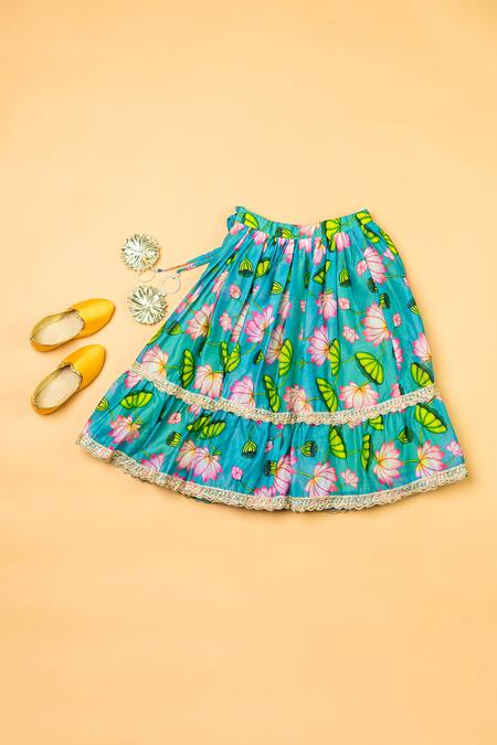 Shop_Yuvraani Jaipur_Green Chanderi, Net Embroidery, Tassels Lotus Print Lehenga Blouse Set _Online_at_Aza_Fashions