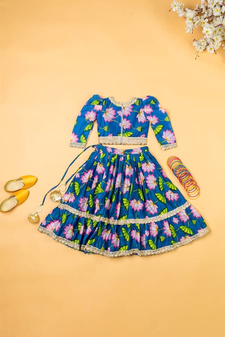Shop_Yuvraani Jaipur_Blue Chanderi, Net Lace, Embroidery Lotus Print Blouse And Lehenga Set _at_Aza_Fashions