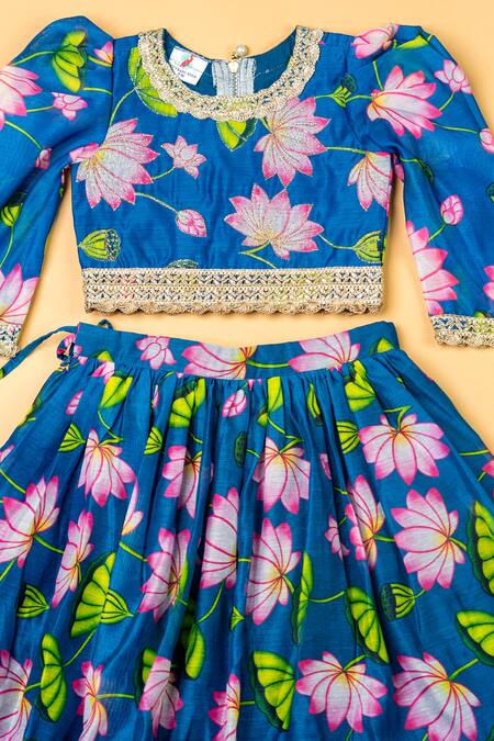 Yuvraani Jaipur_Blue Chanderi, Net Lace, Embroidery Lotus Print Blouse And Lehenga Set _Online_at_Aza_Fashions