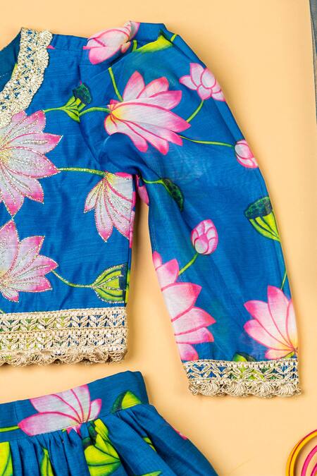 Buy_Yuvraani Jaipur_Blue Chanderi, Net Lace, Embroidery Lotus Print Blouse And Lehenga Set _Online_at_Aza_Fashions