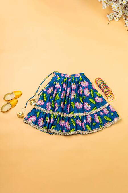 Shop_Yuvraani Jaipur_Blue Chanderi, Net Lace, Embroidery Lotus Print Blouse And Lehenga Set _Online_at_Aza_Fashions