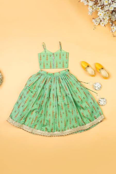 Shop_Yuvraani Jaipur_Green Chanderi, Net Sequins, Tassels Floral Embroidered Blouse And Lehenga Set _at_Aza_Fashions