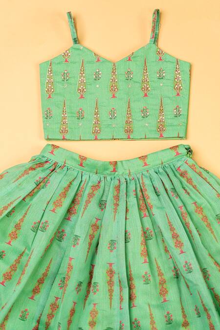 Yuvraani Jaipur_Green Chanderi, Net Sequins, Tassels Floral Embroidered Blouse And Lehenga Set _Online_at_Aza_Fashions
