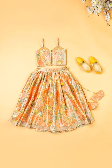 Shop_Yuvraani Jaipur_Multi Color Silk Sequins, Embroidery, Tassels Floral Print Blouse And Lehenga Set _at_Aza_Fashions