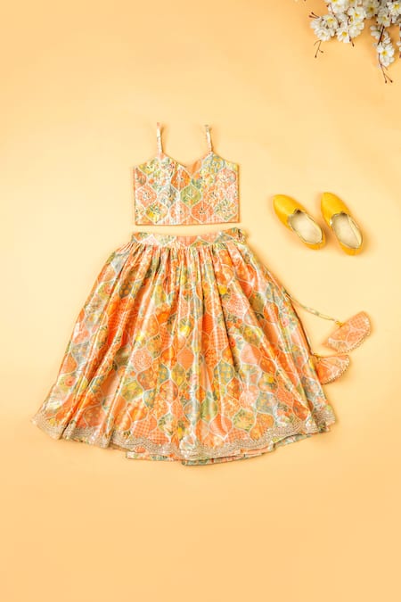 Yuvraani Jaipur_Multi Color Silk Sequins, Embroidery, Tassels Floral Print Blouse And Lehenga Set _Online_at_Aza_Fashions