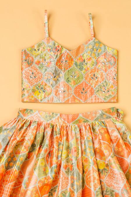 Buy_Yuvraani Jaipur_Multi Color Silk Sequins, Embroidery, Tassels Floral Print Blouse And Lehenga Set _Online_at_Aza_Fashions