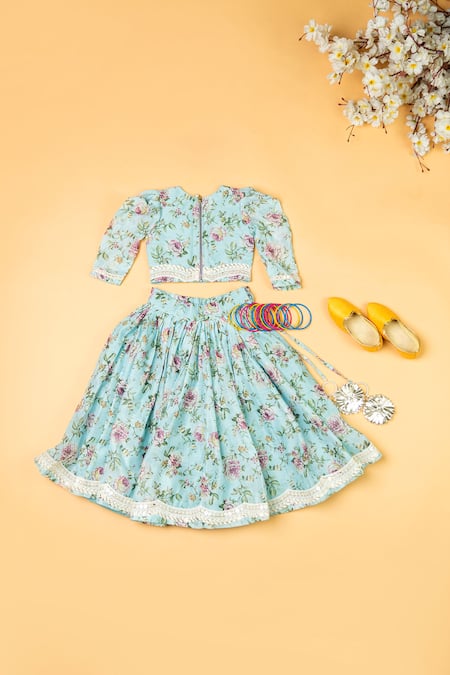 Shop_Yuvraani Jaipur_Sky Blue Chanderi, Net Embroidery, Floral Print Puff Sleeve Blouse And Lehenga Set _at_Aza_Fashions