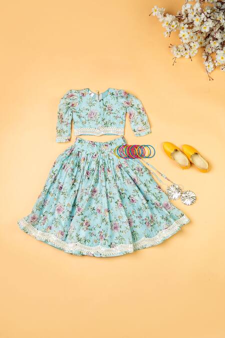 Shop_Yuvraani Jaipur_Sky Blue Chanderi, Net Embroidery, Floral Print Puff Sleeve Blouse And Lehenga Set _Online_at_Aza_Fashions