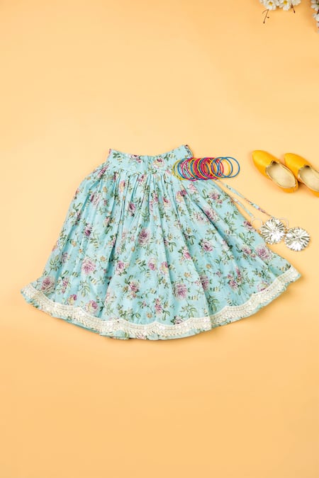 Yuvraani Jaipur_Sky Blue Chanderi, Net Embroidery, Floral Print Puff Sleeve Blouse And Lehenga Set _at_Aza_Fashions