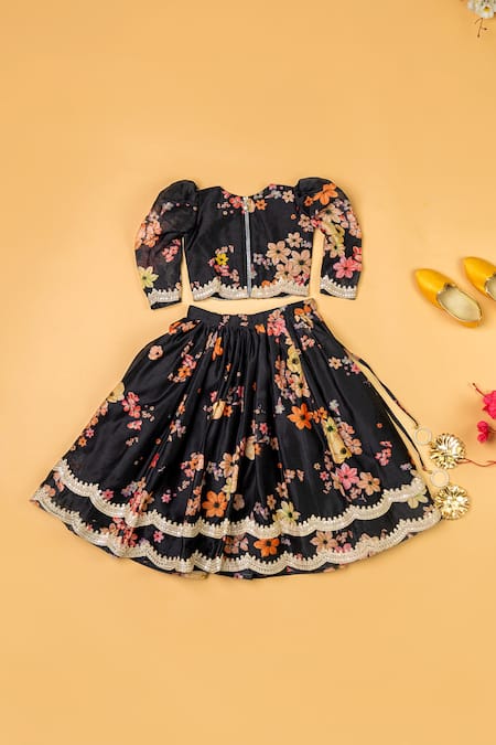 Yuvraani Jaipur Floral Embroidered Puff Sleeve Blouse & Lehenga Set 