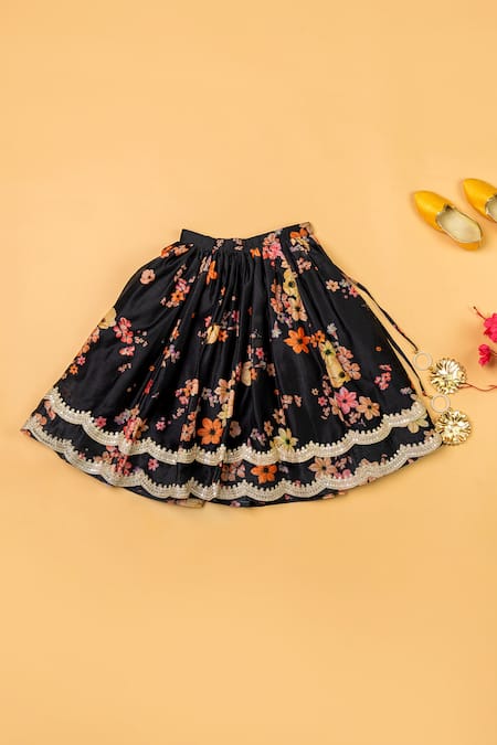 Shop_Yuvraani Jaipur_Black Chanderi, Net Embroidery, Lace Floral Puff Sleeve Blouse And Lehenga Set _Online_at_Aza_Fashions