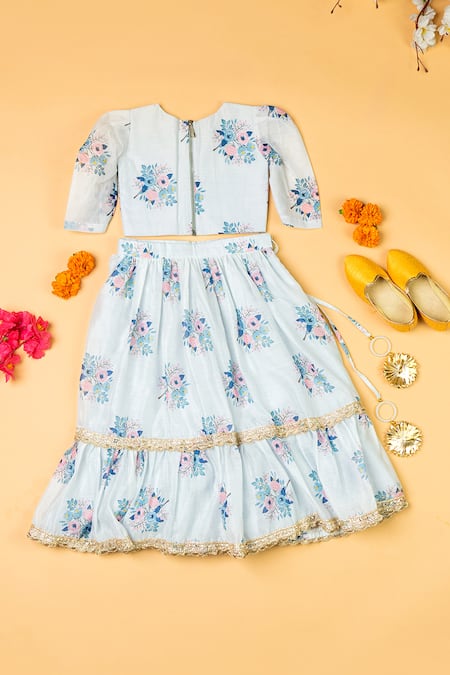 Shop_Yuvraani Jaipur_Blue Chanderi, Net Embroidery, Lace, Tassels Floral Print Blouse And Lehenga Set _at_Aza_Fashions