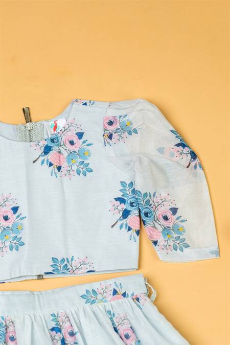 Buy_Yuvraani Jaipur_Blue Chanderi, Net Embroidery, Lace, Tassels Floral Print Blouse And Lehenga Set _Online_at_Aza_Fashions