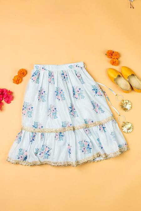 Shop_Yuvraani Jaipur_Blue Chanderi, Net Embroidery, Lace, Tassels Floral Print Blouse And Lehenga Set _Online_at_Aza_Fashions