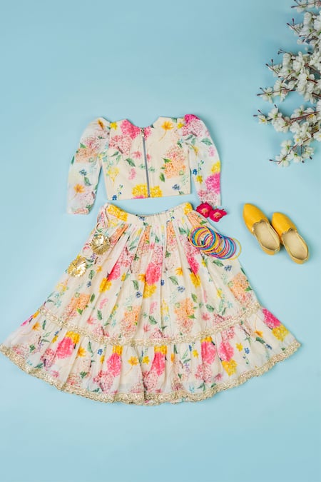 Shop_Yuvraani Jaipur_White Cotton, Net Embroidery Chanderi Floral Print Lehenga Set _at_Aza_Fashions