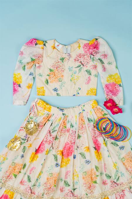 Yuvraani Jaipur_White Cotton, Net Embroidery Chanderi Floral Print Lehenga Set _Online_at_Aza_Fashions