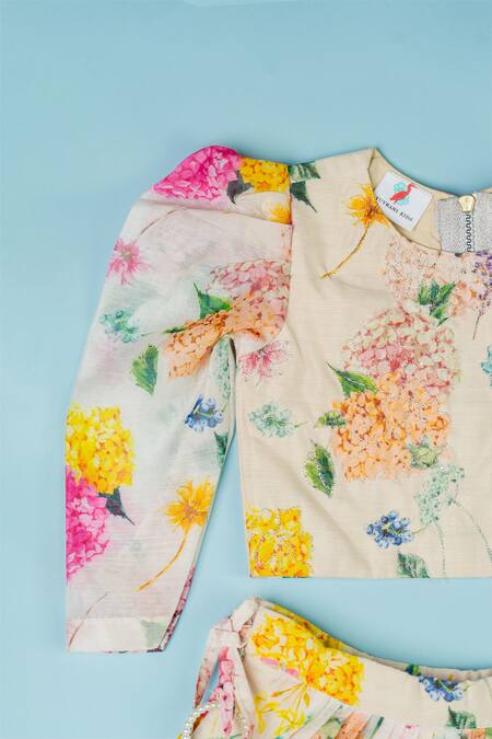 Buy_Yuvraani Jaipur_White Cotton, Net Embroidery Chanderi Floral Print Lehenga Set _Online_at_Aza_Fashions