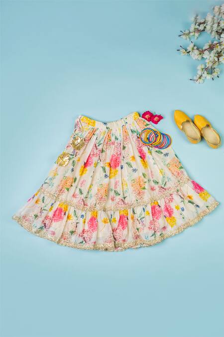 Shop_Yuvraani Jaipur_White Cotton, Net Embroidery Chanderi Floral Print Lehenga Set _Online_at_Aza_Fashions