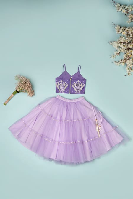 Shop_Yuvraani Jaipur_Purple Cotton, Net Pearls Tiered Lehenga Set _at_Aza_Fashions