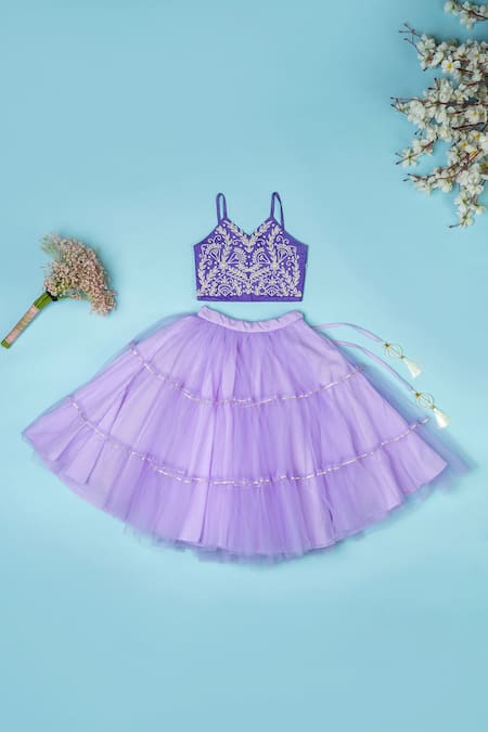 Yuvraani Jaipur_Purple Cotton, Net Pearls Tiered Lehenga Set _Online_at_Aza_Fashions