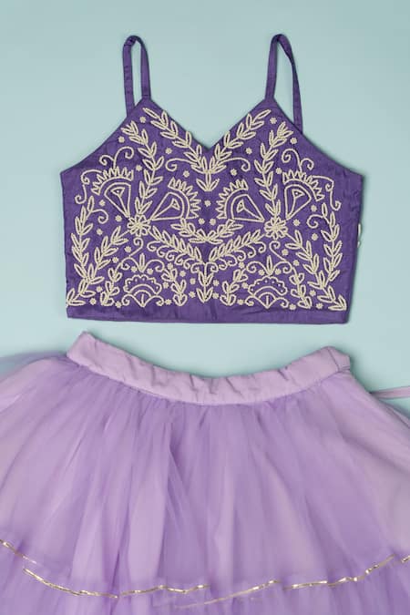 Buy_Yuvraani Jaipur_Purple Cotton, Net Pearls Tiered Lehenga Set _Online_at_Aza_Fashions
