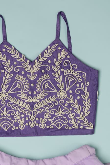 Shop_Yuvraani Jaipur_Purple Cotton, Net Pearls Tiered Lehenga Set _Online_at_Aza_Fashions