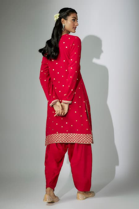 Shop_Nadima Saqib_Red Georgette, Organza, Silk Sequins, Zardosi And Marodi Work Kurta Salwar Set _at_Aza_Fashions