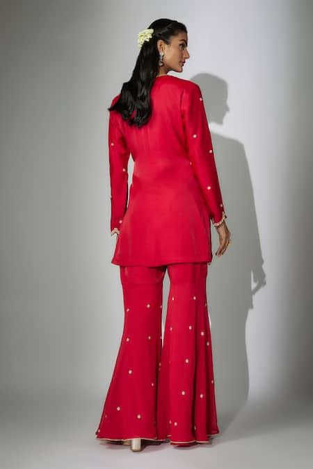 Shop_Nadima Saqib_Red Georgette, Organza Embroidery, Zari Round Neck Kurta Gharara Set _at_Aza_Fashions