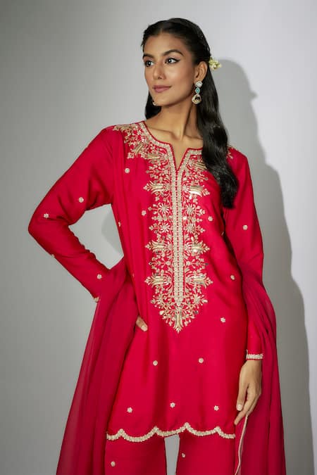Nadima Saqib_Red Georgette, Organza Embroidery, Zari Round Neck Kurta Gharara Set _Online_at_Aza_Fashions