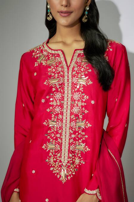 Buy_Nadima Saqib_Red Georgette, Organza Embroidery, Zari Round Neck Kurta Gharara Set _Online_at_Aza_Fashions