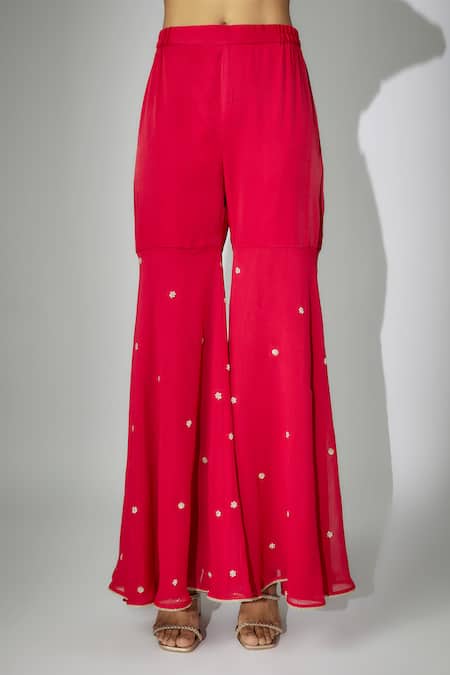 Shop_Nadima Saqib_Red Georgette, Organza Embroidery, Zari Round Neck Kurta Gharara Set _Online_at_Aza_Fashions