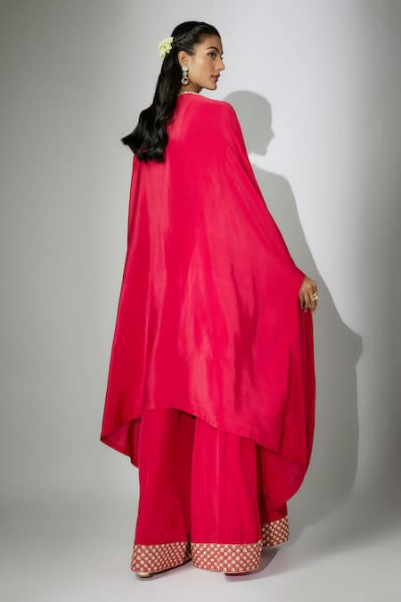 Shop_Nadima Saqib_Red Silk, Crepe Zari, Embroidery Sweetheart Zardosi And Marodi Cape Sharara Set _at_Aza_Fashions