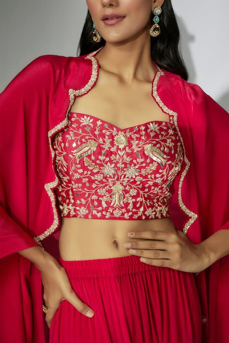 Buy_Nadima Saqib_Red Silk, Crepe Zari, Embroidery Sweetheart Zardosi And Marodi Cape Sharara Set _Online_at_Aza_Fashions