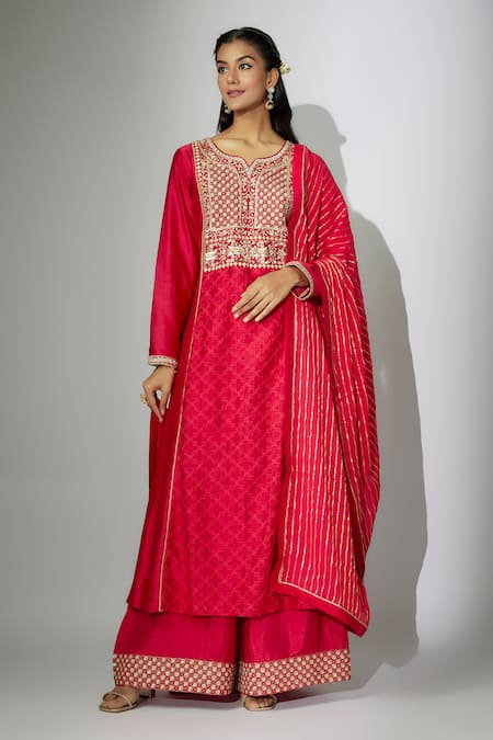 Nadima Saqib Red Kurta Chanderi Embroidered Zardosi Notched And Marodi Work Palazzo Set 