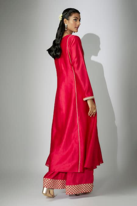 Shop Nadima Saqib Red Chanderi, Georgette, Denim Zardosi And Marodi Work Kurta Palazzo Set at Aza Fashions Shop_Nadima Saqib_Red Chanderi, Georgette, Denim Zardosi And Marodi Work Kurta Palazzo Set _at_Aza_Fashions