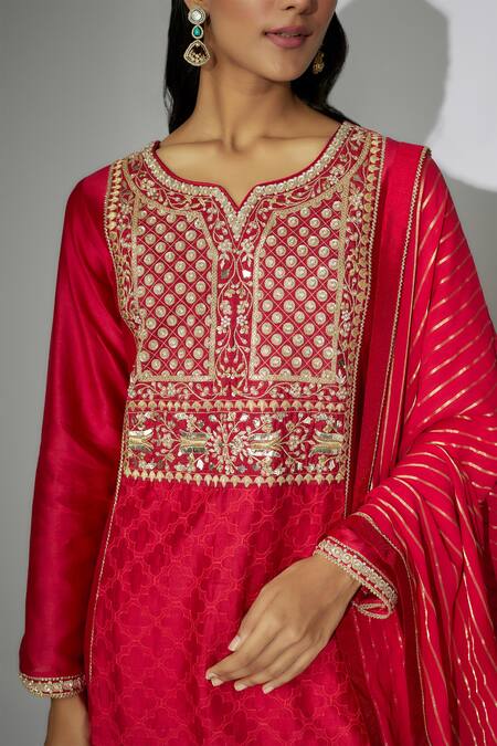 Nadima Saqib Red Chanderi, Georgette, Denim Zardosi And Marodi Work Kurta Palazzo Set Online at Aza Fashions Nadima Saqib_Red Chanderi, Georgette, Denim Zardosi And Marodi Work Kurta Palazzo Set _Online_at_Aza_Fashions