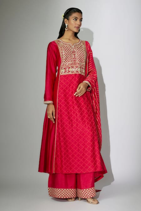 Buy Nadima Saqib Red Chanderi, Georgette, Denim Zardosi And Marodi Work Kurta Palazzo Set Online at Aza Fashions Buy_Nadima Saqib_Red Chanderi, Georgette, Denim Zardosi And Marodi Work Kurta Palazzo Set _Online_at_Aza_Fashions