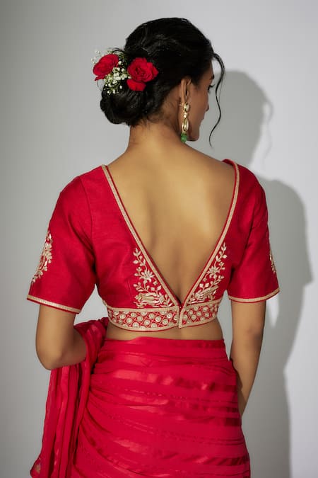 Shop_Nadima Saqib_Red Silk Embroidery V-neck Pre-draped Ruffled Saree With Blouse _at_Aza_Fashions