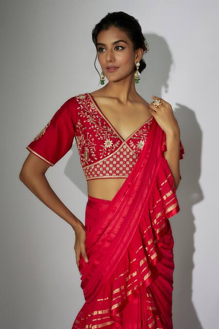 Buy_Nadima Saqib_Red Silk Embroidery V-neck Pre-draped Ruffled Saree With Blouse _Online_at_Aza_Fashions
