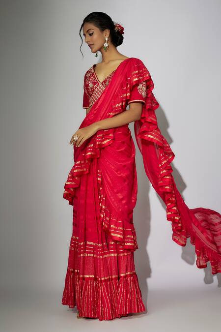 Nadima Saqib_Red Silk Embroidery V-neck Pre-draped Ruffled Saree With Blouse _at_Aza_Fashions