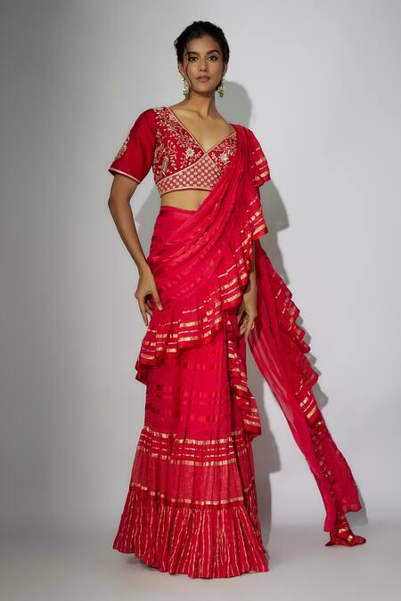 Buy_Nadima Saqib_Red Silk Embroidery V-neck Pre-draped Ruffled Saree With Blouse 