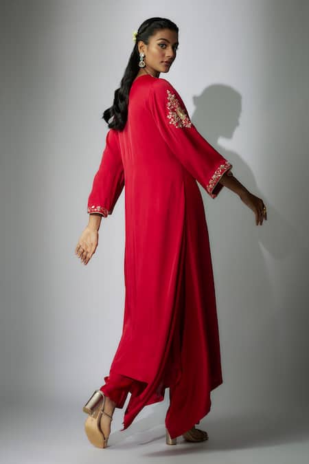 Shop Nadima Saqib Red Satin, Georgette, Crepe Embroidery Split V-neck Asymmetric Kurta And Pant Set at Aza Fashions Shop_Nadima Saqib_Red Satin, Georgette, Crepe Embroidery Split V-neck Asymmetric Kurta And Pant Set _at_Aza_Fashions