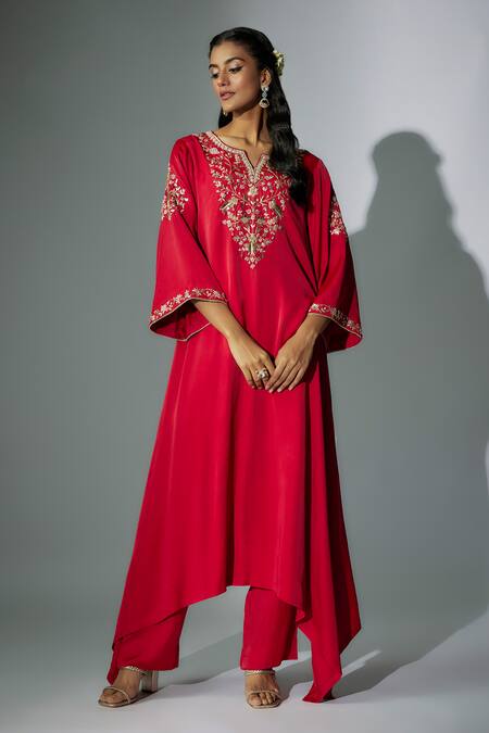 Nadima Saqib Red Satin, Georgette, Crepe Embroidery Split V-neck Asymmetric Kurta And Pant Set Online at Aza Fashions Nadima Saqib_Red Satin, Georgette, Crepe Embroidery Split V-neck Asymmetric Kurta And Pant Set _Online_at_Aza_Fashions