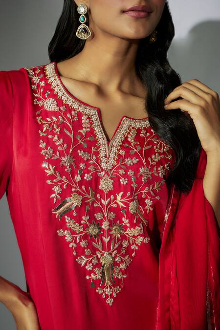 Buy Nadima Saqib Red Satin, Georgette, Crepe Embroidery Split V-neck Asymmetric Kurta And Pant Set Online at Aza Fashions Buy_Nadima Saqib_Red Satin, Georgette, Crepe Embroidery Split V-neck Asymmetric Kurta And Pant Set _Online_at_Aza_Fashions