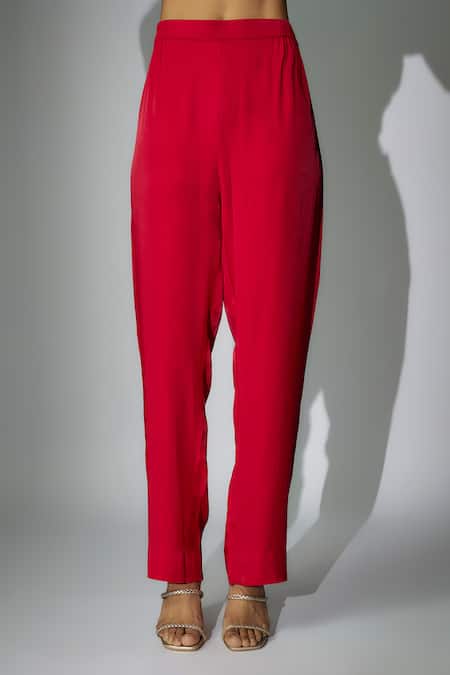 Shop Nadima Saqib Red Satin, Georgette, Crepe Embroidery Split V-neck Asymmetric Kurta And Pant Set Online at Aza Fashions Shop_Nadima Saqib_Red Satin, Georgette, Crepe Embroidery Split V-neck Asymmetric Kurta And Pant Set _Online_at_Aza_Fashions