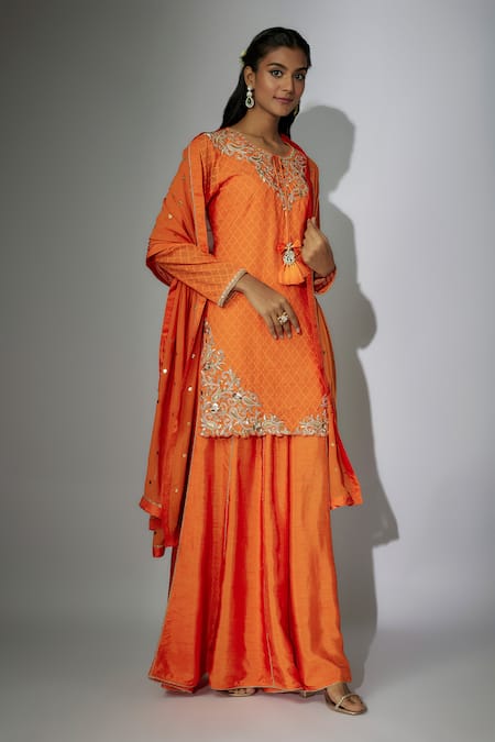 Nadima Saqib Orange Dupatta Organza Embroidered Zardosi Round Kurta Sharara Set 