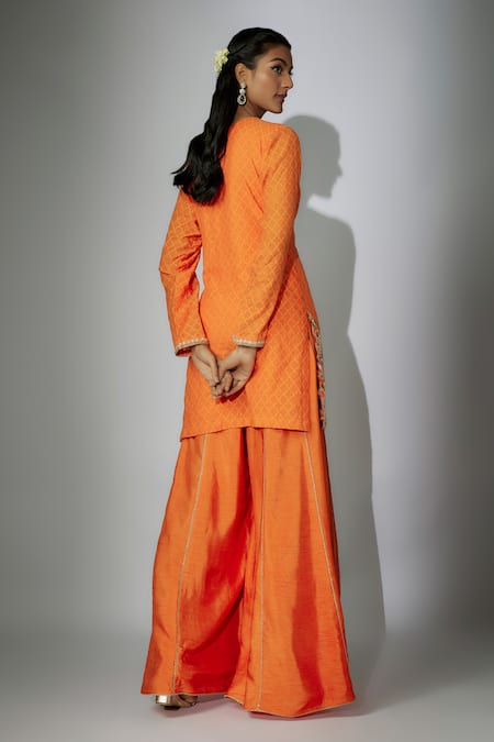 Shop_Nadima Saqib_Orange Chanderi, Denim, Organza Embroidery Round Neck Kurta Sharara Set _at_Aza_Fashions