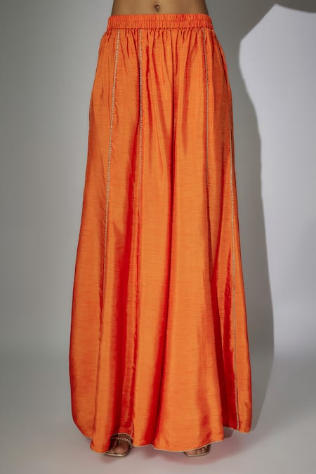 Buy_Nadima Saqib_Orange Chanderi, Denim, Organza Embroidery Round Neck Kurta Sharara Set _Online_at_Aza_Fashions