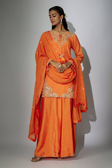 Shop_Nadima Saqib_Orange Chanderi, Denim, Organza Embroidery Round Neck Kurta Sharara Set _Online_at_Aza_Fashions